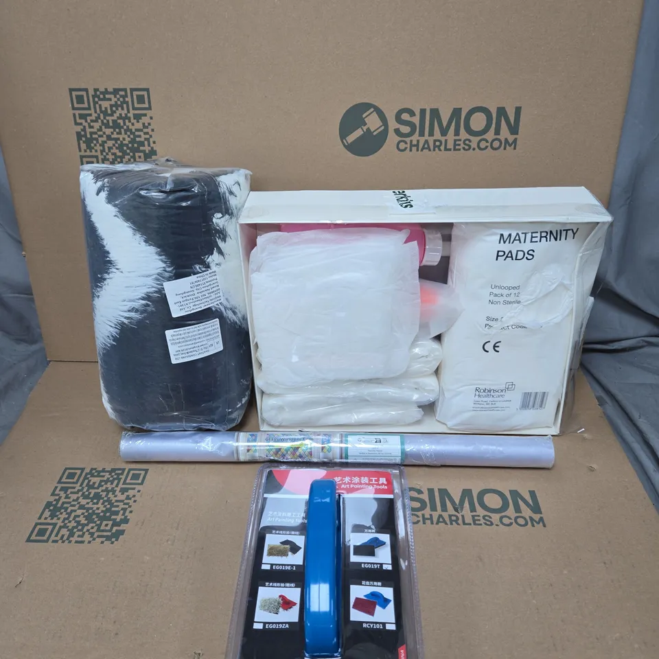 BOX OF APPROXIMATELY 15 ASSORTED HOUSEHOLD ITEMS TO INCLUDE WINDOW GLASS FILM, A MATERNITY CARE PACK AND AN ART PAINTING TOOL
