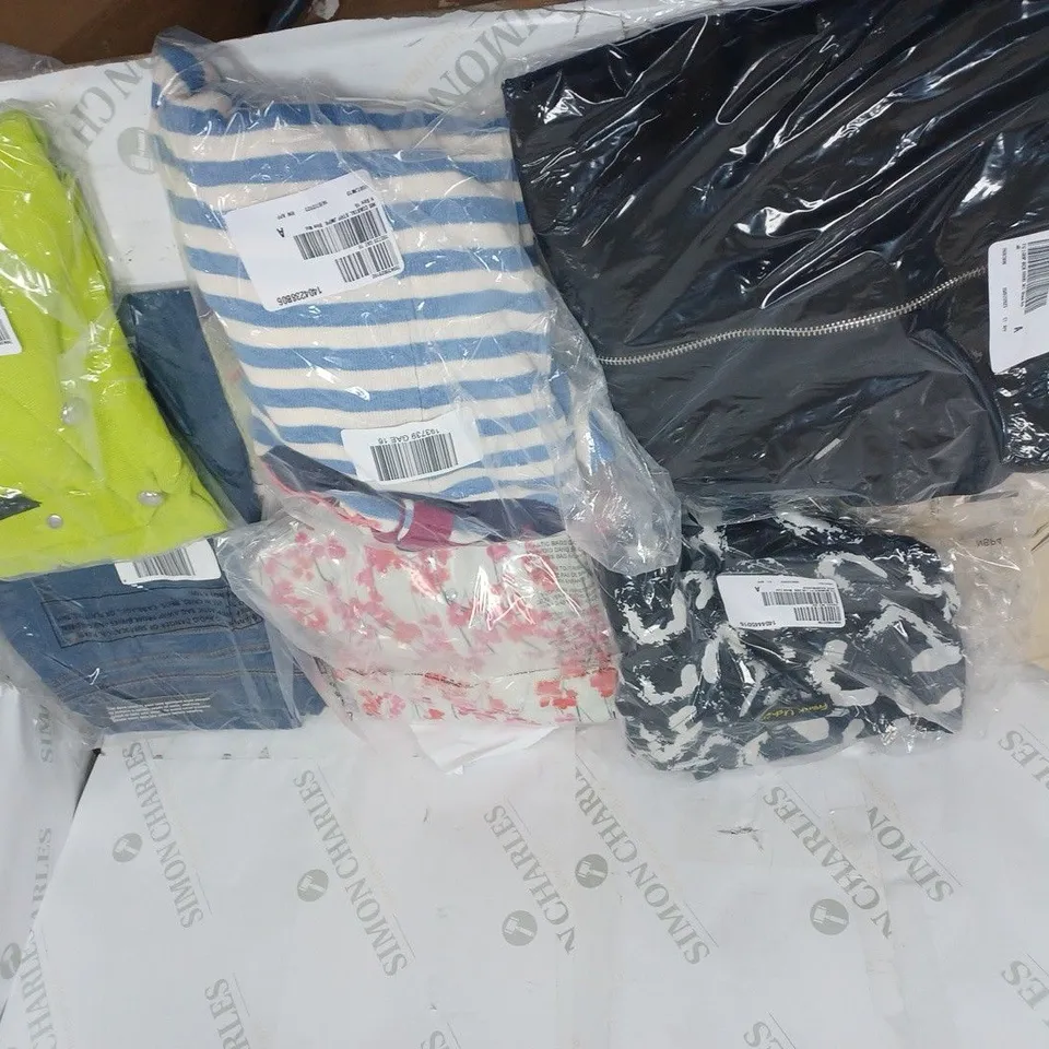 LARGE BOX OF ASSORTED CLOTHING ITEMS TOO INCLUDE TOPS , TROUSERS AND JUMPERS COMING IN DIFFERENT COLOURS AND SIZES 