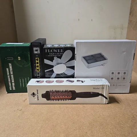 BOX OF APPROXIMATELY 15 ASSORTED ITEMS TO INCLUDE WAVY CHIC HAIR STYLING COMB, FLOWER FAN LIGHT, CUPPING MASSAGE INSTRUMENT, VIRGIN WIFI 6 HUB, NAIL CLEANING MACHINE ETC