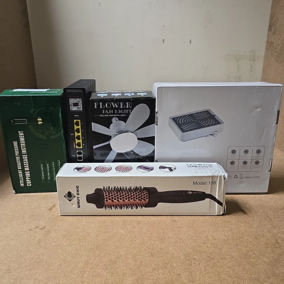 BOX OF APPROXIMATELY 15 ASSORTED ITEMS TO INCLUDE WAVY CHIC HAIR STYLING COMB, FLOWER FAN LIGHT, CUPPING MASSAGE INSTRUMENT, VIRGIN WIFI 6 HUB, NAIL CLEANING MACHINE ETC