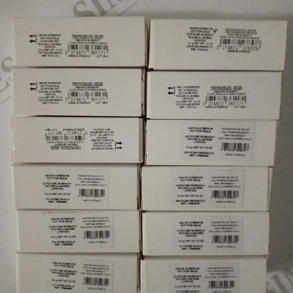 LOT OF 12 ASSORTED GIVENCHY LE ROUGE LIPSTICK TO INCLUDE ROSE DAHLIA 210, ROSE PERFECTO 209 AND VIOLINE RETRO 330 SHADES 