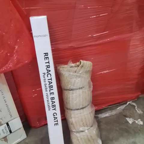 PALLET OF ASSORTED HOUSEHOLD GOODS AND PRODUCTS TO INCLUDE;RETRACTABLE SAFETY GATE,AREA RUG