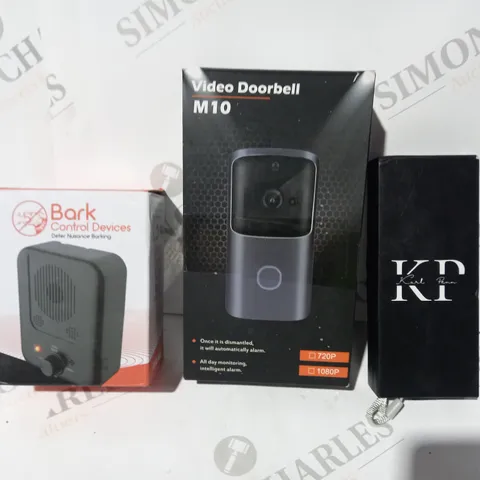 BOX OF APPROXIMATELY 10 ASSORTED HOUSEHOLD ITEMS TO INCLUDE VIDEO DOORBELL, INTERACTIVE CAT LASER TOY, BARK CONTROL DEVICE, ETC