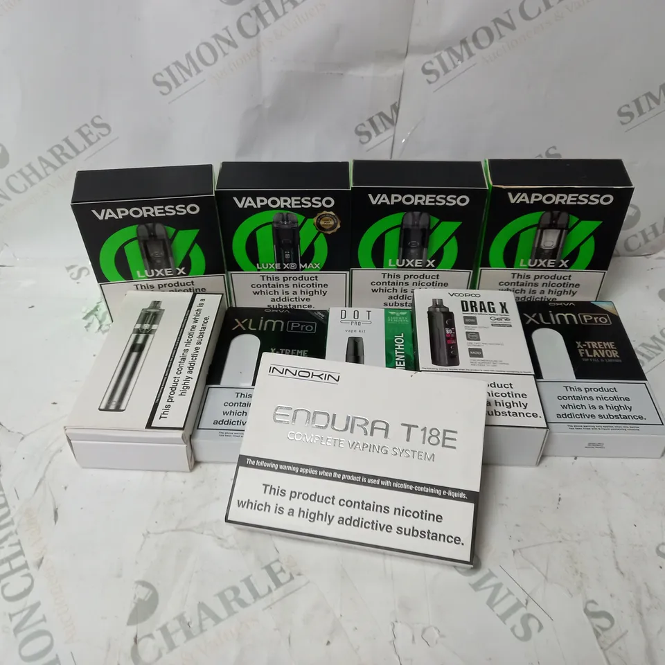 BOX OF APPROXIMATELY 10 ASSORTED E-CIG PRODUCTS TO INCLUDE VAPORESSO, OXVA, INNOKIN 