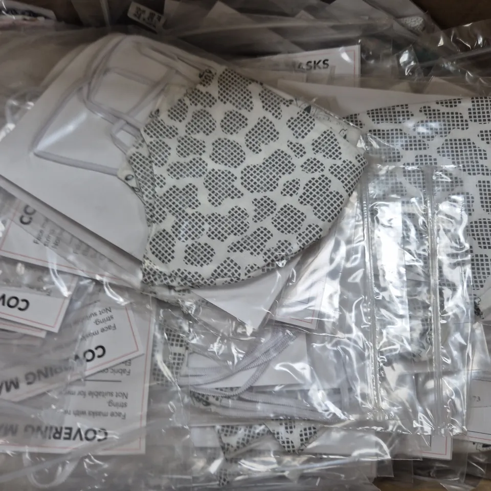 BOX OF APPROXIMATELY 220 ASSORTED UNBRANDED FACE COVERINGS AND MASKS IN VARIOUS STYLES AND COLOURS
