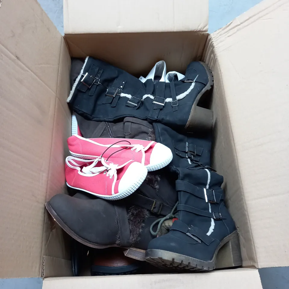 BOX OF APPROX 10 PAIRS OF ASSORTED WOMENS SHOES IN VATIOUS COLOURS, STYLES AND SIZES