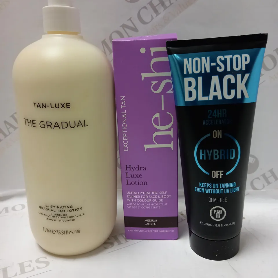 LOT OF 3 ASSORTED TANNING PRODUCTS TO INCLUDE TAN-LUXE GRADUAL TAN LOTION, HE-SHI HYDRA LUXE LOTION, POWER TAN NON-STOP BLACK SUNBED TANNING ACCELERATOR LOTION 