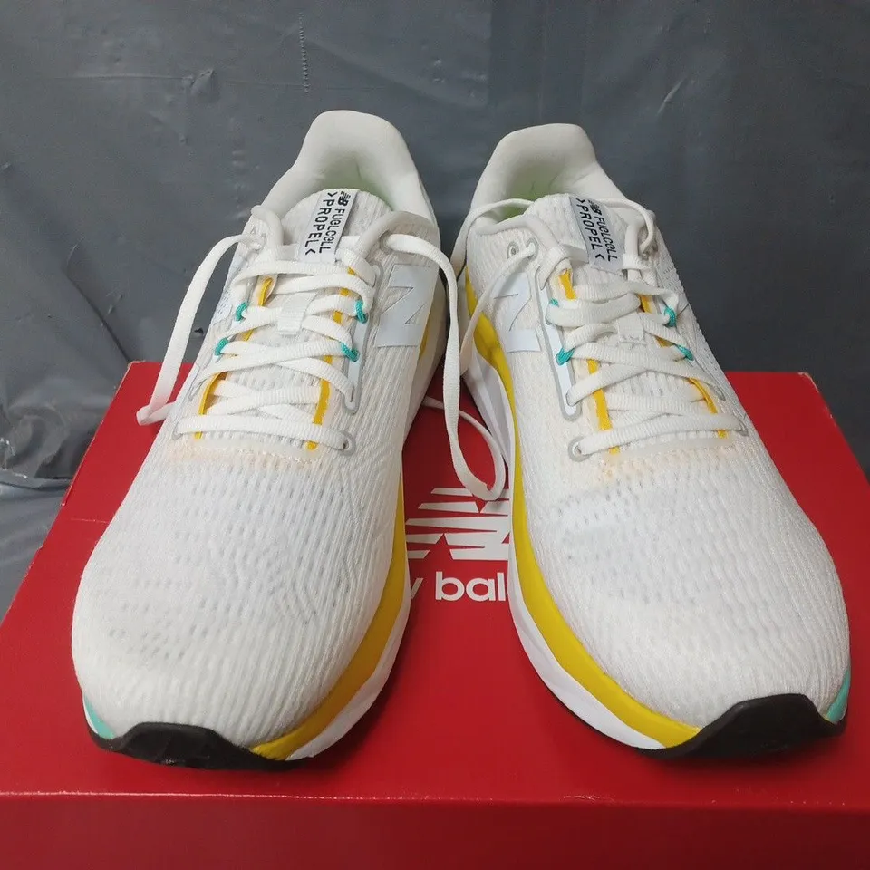 BOXED PAIR OF NEW BALANCE FUELCELL PROPEL TRAINERS IN WHITE - UK 9.5