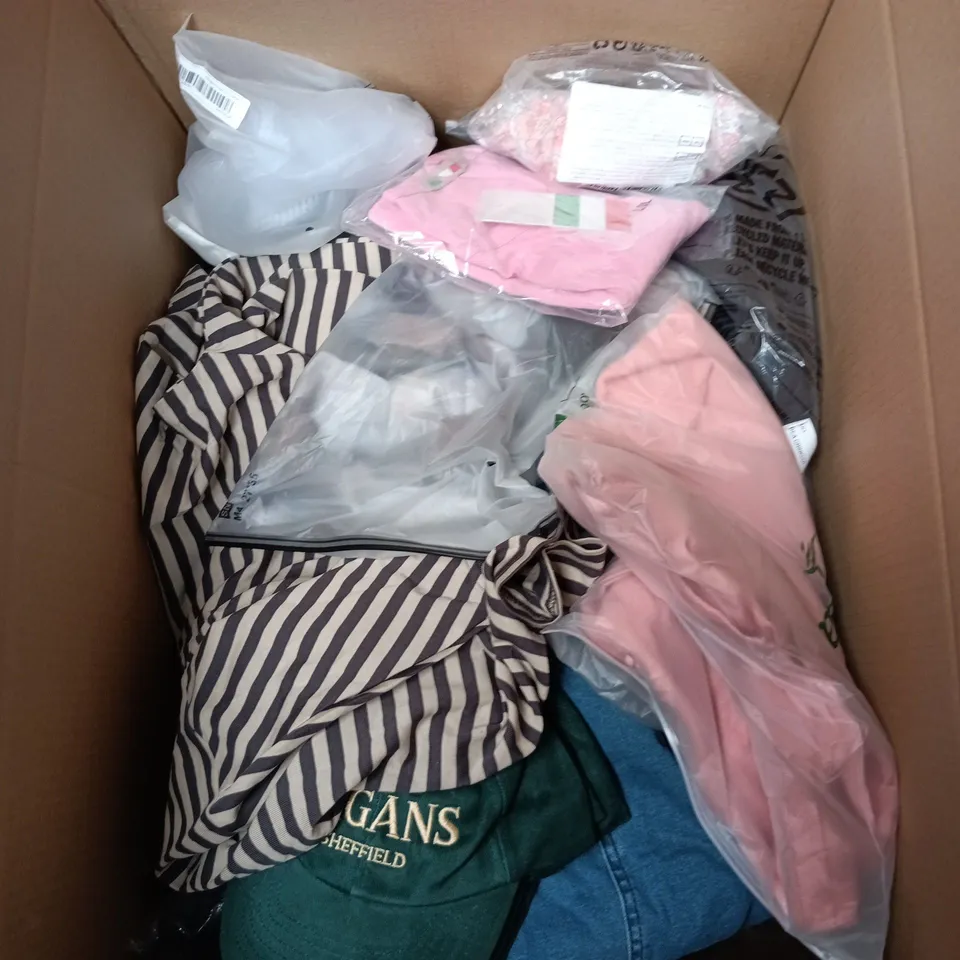 BOX OF APPROXIMATELY 25 ASSORTED CLOTHING ITEMS TO INCLUDE BRA, BELT, JEANS, GEORGE TROUSERS ETC