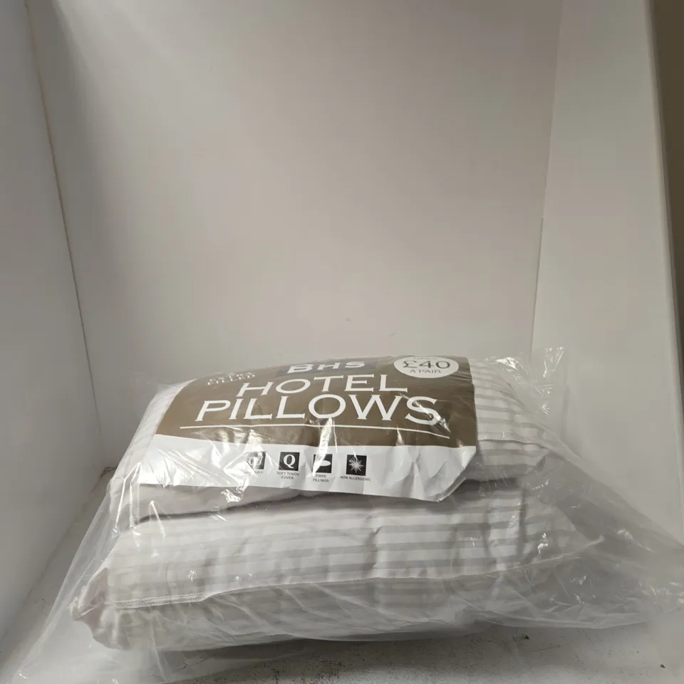 BHS HOTEL PILLOWS – EXTRA FILLED, PAIR (WHITE STRIPED COVERS)
