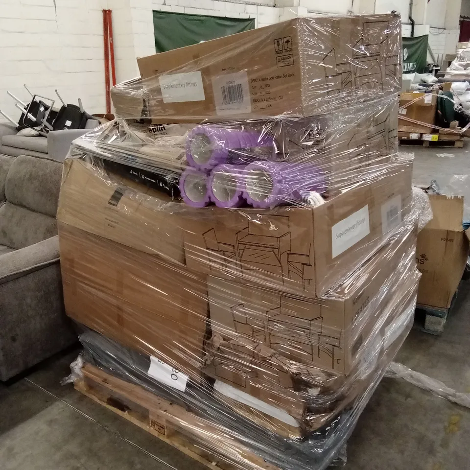 PALLET OF ASSORTED HOUSEHOLD GOODS AND PRODUCTS TO INCLUDE; RATTAN SOFA SETS, SHOE RACK, PICK-UP LITTER TOOLS ETC
