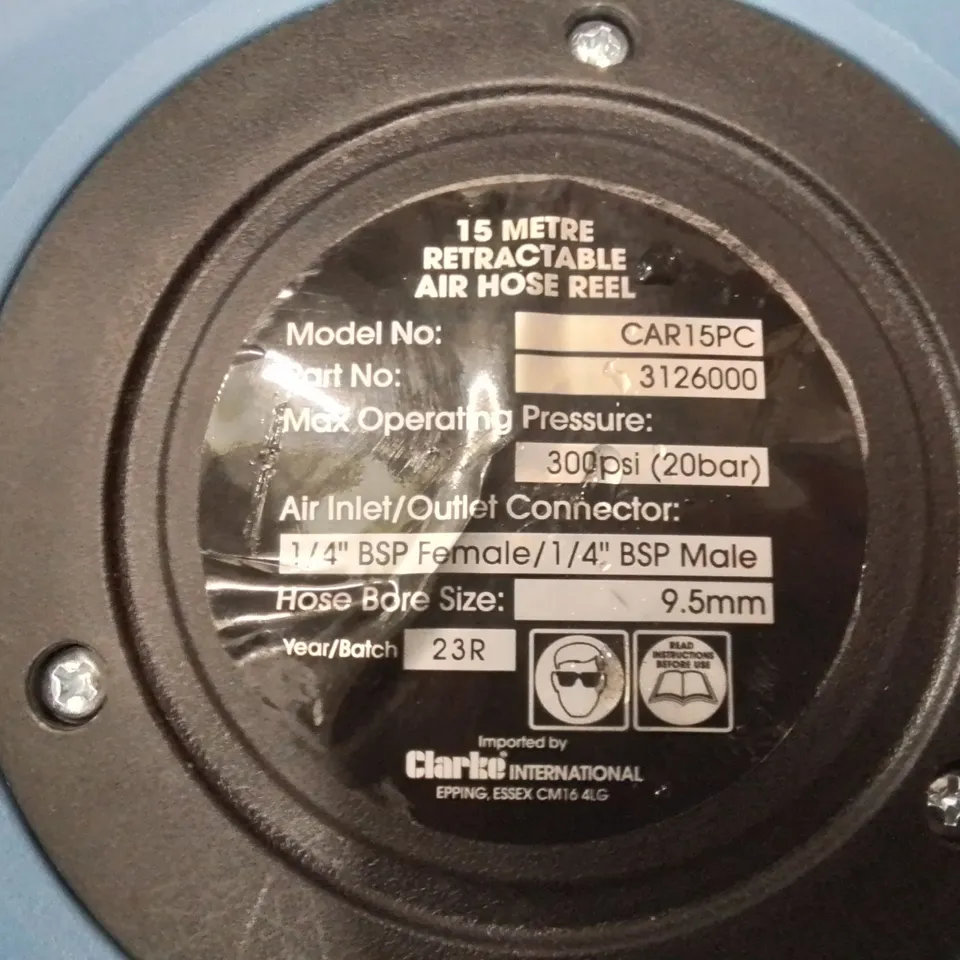 CLARKE 15M RETRACTABLE COMPRESSION AIR HOSE REEL
