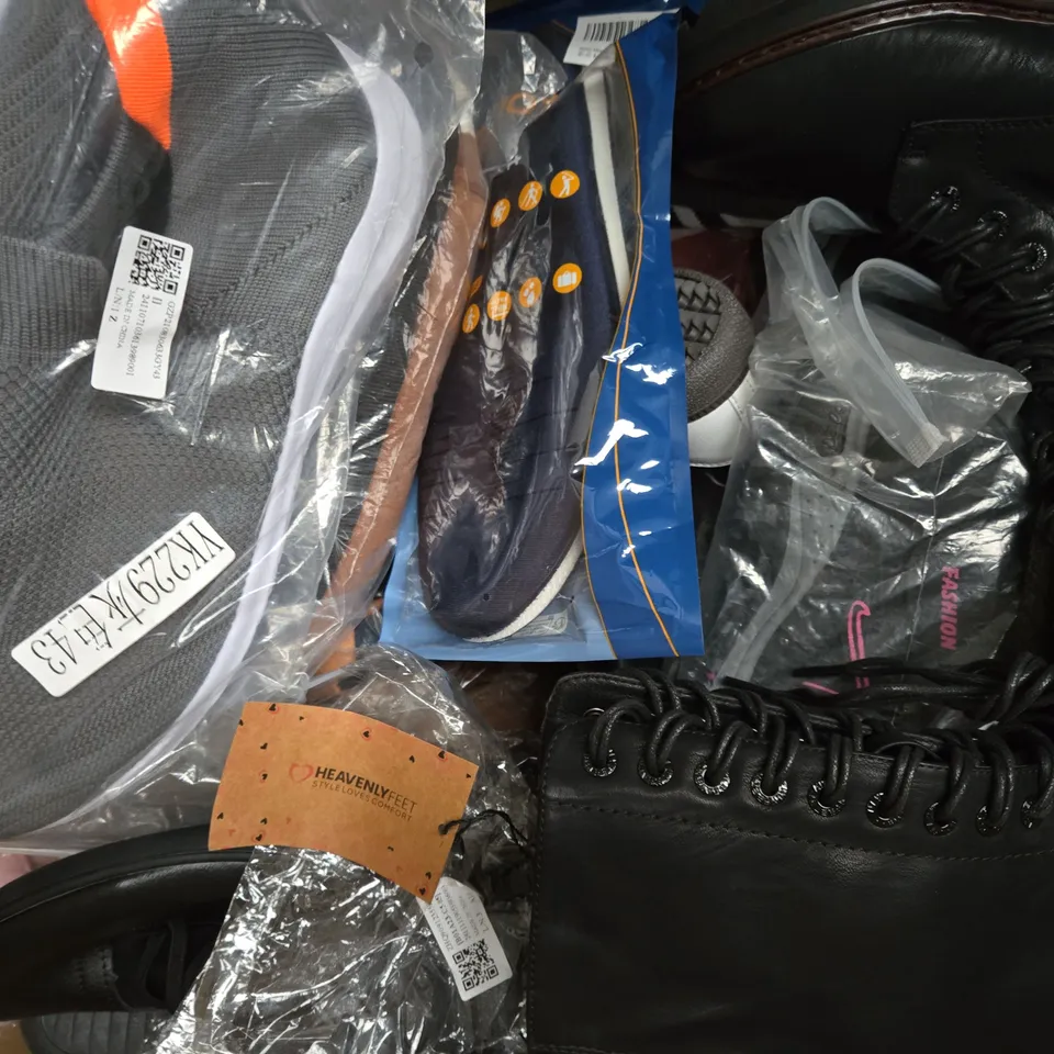 BOX OF APPROXIMATELY 15 ASSORTED PAIRS OF SHOES AND FOOTWEAR ITEMS IN VARIOUS COLOURS, STYLES, AND SIZES - COLLECTION ONLY