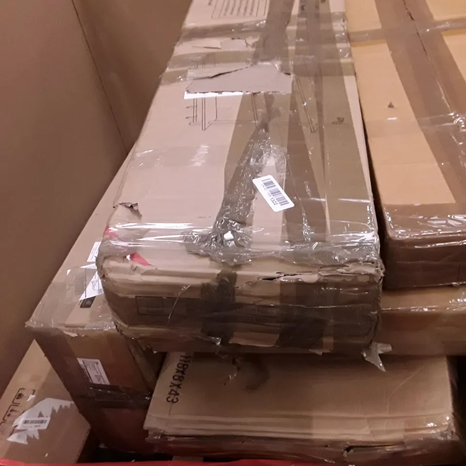 PALLET OF ASSORTED PRODUCTS INCLUDING TWIN BED FRAME, BASSINET AND BEDSIDE SLEEPER, PRE LIT CHRISTMAS TREE, LARGE DUAL MONITOR STAND, MASTER CANOPY COMPACT CANOPY