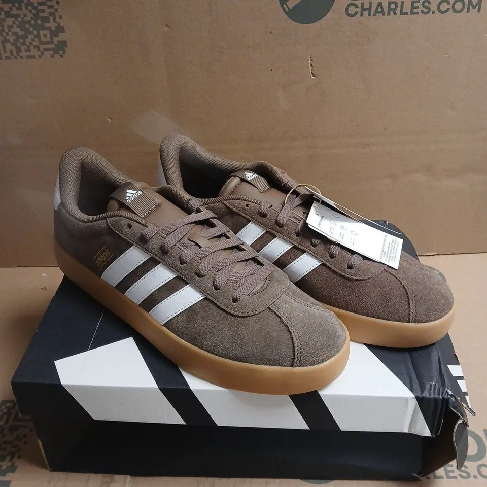ADIDAS BROWN SUEDE SNEAKERS WITH WHITE 3-STRIPE BRANDING – GUM SOLE SIZE 10 BOXED