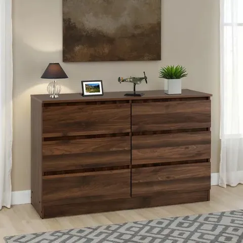 BOXED MALVERN 6 DRAWER CHEST - WALNUT EFFECT VENEER (2 BOXES)
