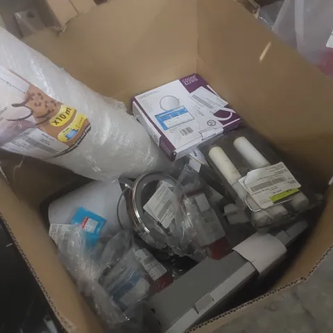 LARGE BOX TO CONTAIN A LARGE QUANTITY OF DIY PRODUCTS AND GOODS; INCLUDES PAINTING SUPPLIES, BUBBLE WRAP, BATHROOM MIRRORS ETC