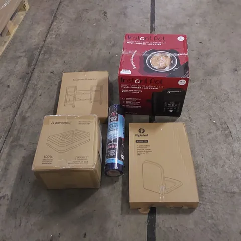 PALLET TO CONTAIN ASSORTED HOUSEHOLD ITEMS AND CONSUMER PRODUCTS. INCLUDING PORTABLE WARDROBE, AIR BED, TOILET SEATS, CARPET PROTECTOR, MULTI-COOKER AIR FRYER ETC