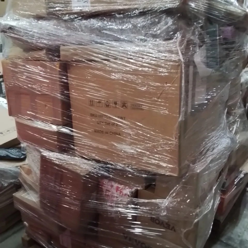 PALLET CONTAINING VARIOUS ASSORTED BOXED ITEMS TO INCLUDE,  HAIR CLIPPERS, CAR PARTS, FOOT STOOL, FOOD PROCESSOR,  CORDLESS IMPACT WRENCH AND LOTS MORE UNMARKED BOXED ITEMS 