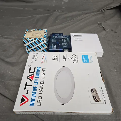 LARGE BOX OF APPROX 30 ASSORTED LED PANEL LIGHTS , CIRCUIT BREAKERS , MOUNTING PATTRESS , ETC 