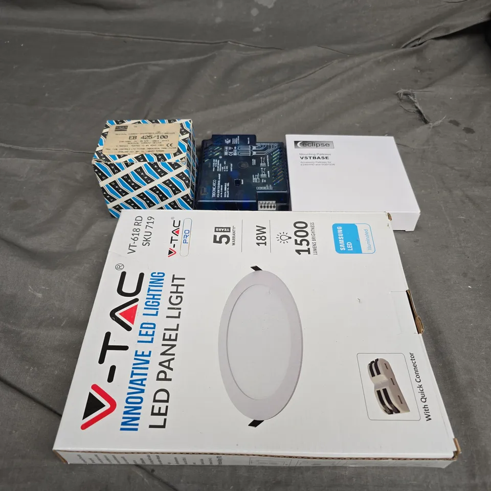 LARGE BOX OF APPROX 30 ASSORTED LED PANEL LIGHTS , CIRCUIT BREAKERS , MOUNTING PATTRESS , ETC 