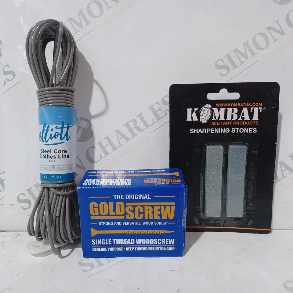 APPROXIMATELY 15 ASSORTED HOUSEHOLD ITEMS TO INCLUDE KOMBAT SHARPENING STONES, SINGLE THREAD WOODSCREWS, STEEL CORE CLOTHES LINE, ETC