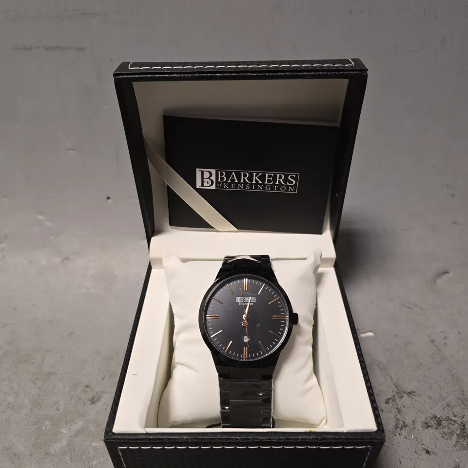 BOXED BARKERS OF KENSINGTON ENTOURAGE ROSE GOLD BLACK WATCH
