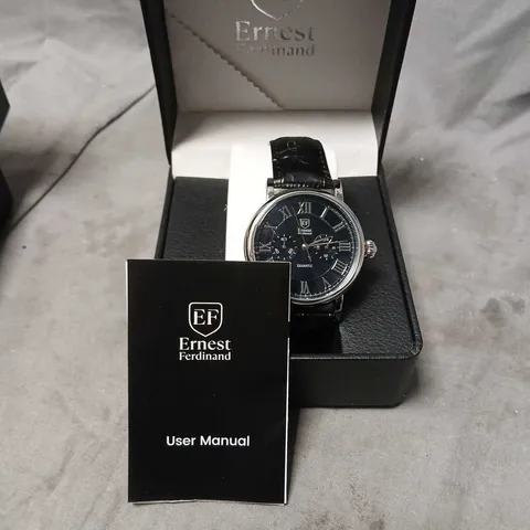ERNEST FERDINAND QUARTZ WRISTWATCH – BLACK DIAL, ROMAN NUMERALS, LEATHER STRAP – BOXED