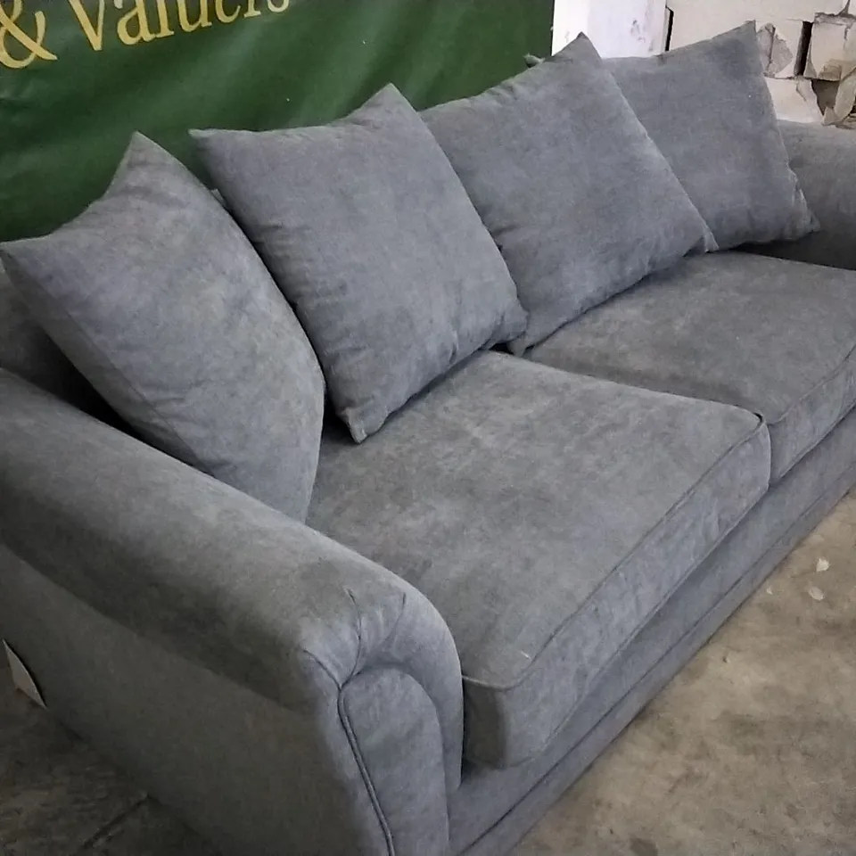 QUALITY DESIGNER LIGHT GREY FABRIC 3 SEATER SOFA WITH SCATTERBACK CUSHIONS