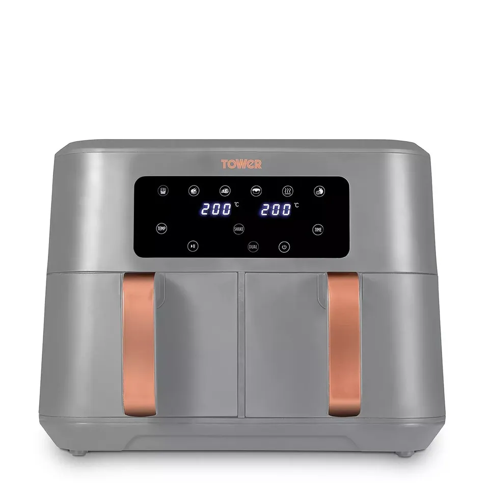 BOXED TOWER T17137GRY VORTX DUAL BASKET AIR FRYER WITH TWO 4.25L BASKETS, 2400W, GREY & ROSE GOLD RRP £139