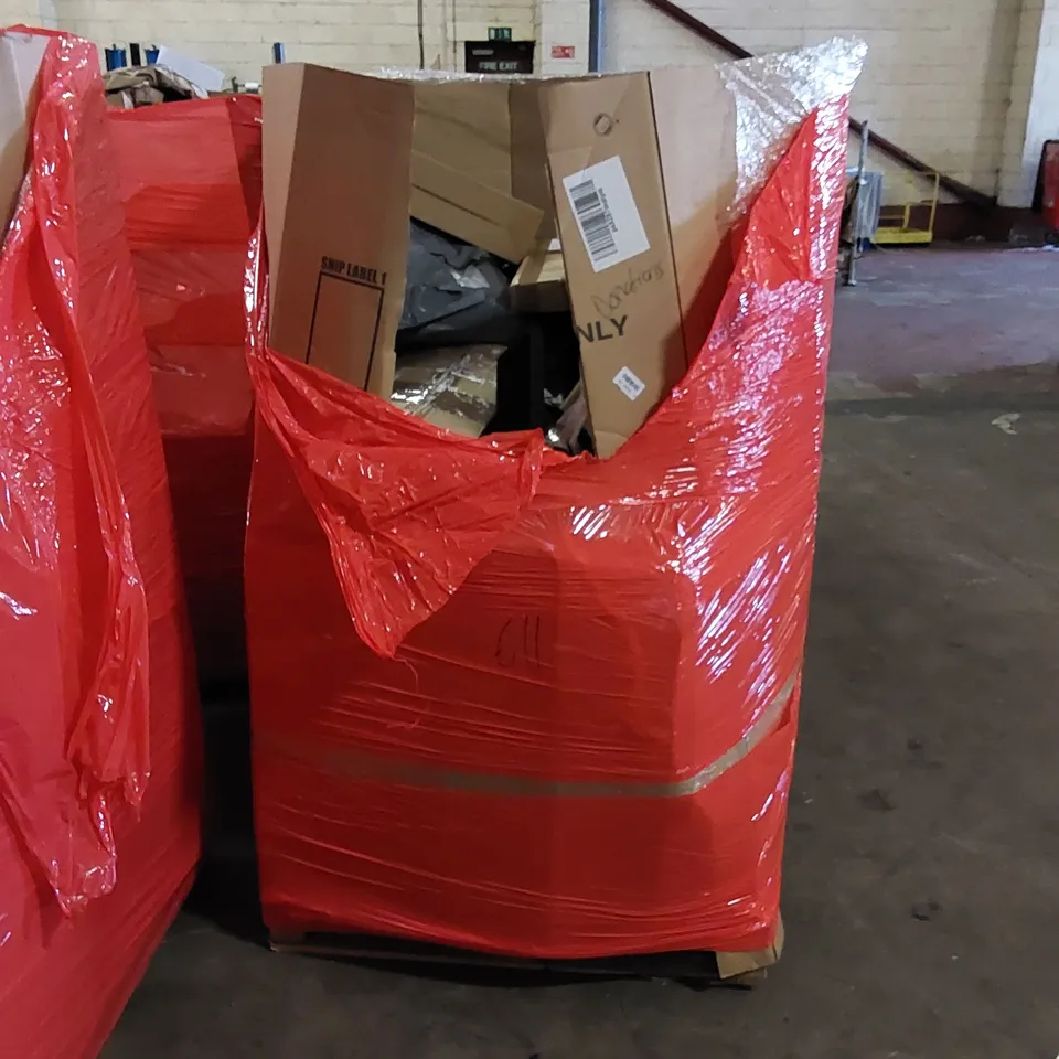 PALLET TO CONTAIN ASSORTED HOUSEHOLD PRODUCTS. INCLUDES WITCH HALLOWEEN DECORATION, BOXED FURNITURE ETC
