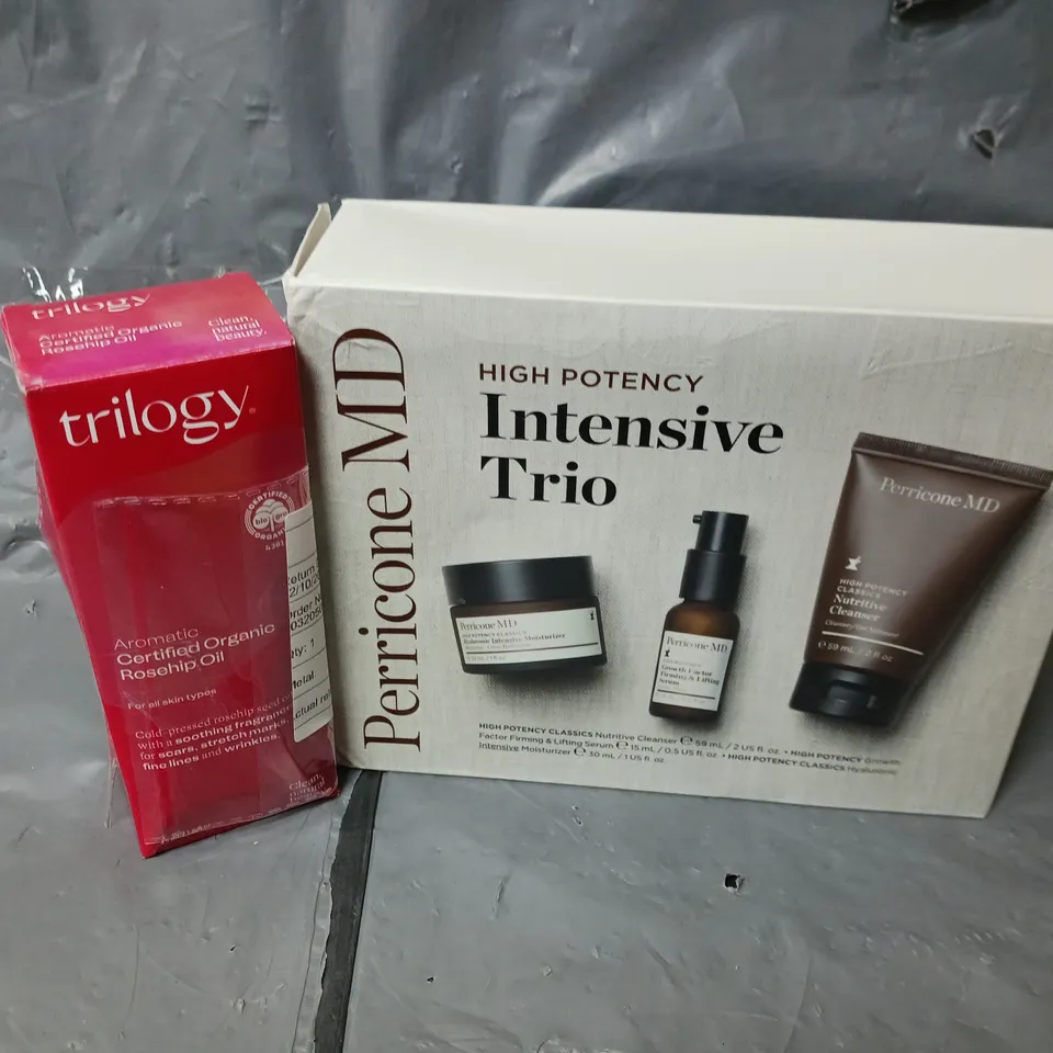 APPROXIMATELY 10 ASSORTED COSMETICS ITEMS TO INCLUDE PERRICONE MD INTENSIVE TRIO, TRILOGY ROSEHIP OIL, ETC