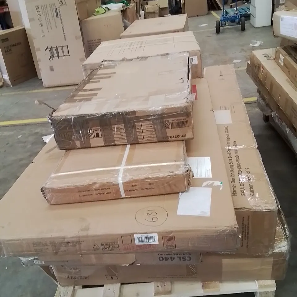 PALLET CONTAINING VARIOUS INCOMPLETE BOXED FURNITURE PARTS AND OTHER HOUSEHOLD ITEMS ETC.