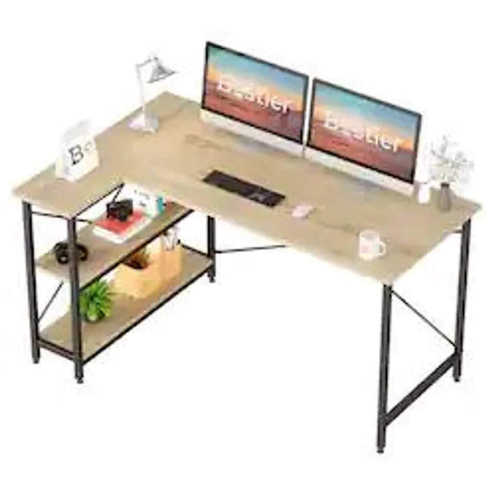 BOXED BESTIER - L-SHAPED COMPUTER DESK WITH STORAGE SHELVES - LIGHT OAK