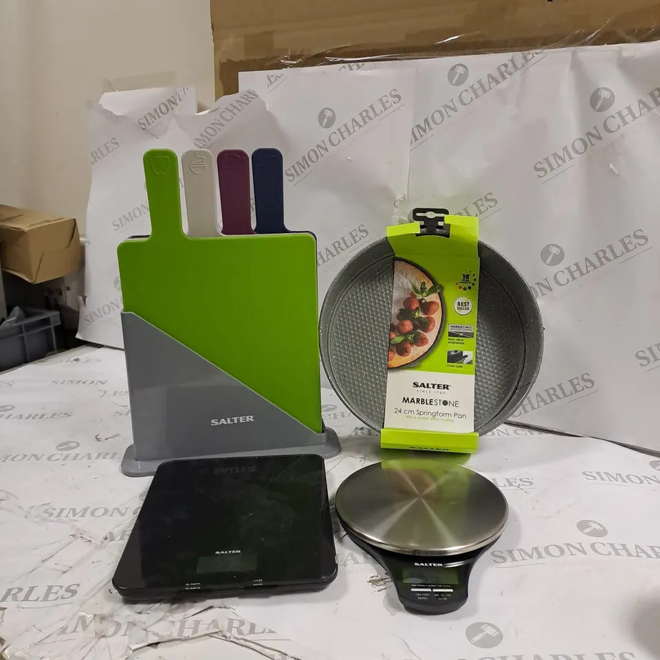 BOX OF SALTER KITCHEN EQUIPMENT TO INCLUDE CHOPPING BOARDS, SCALES, PAN