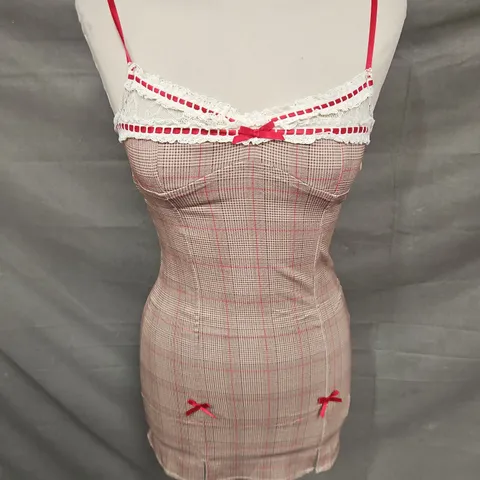 KIMCHI BLUE LEXI CHECK LACE SPLIT MINI DRESS IN BROWN MIX SIZE XS