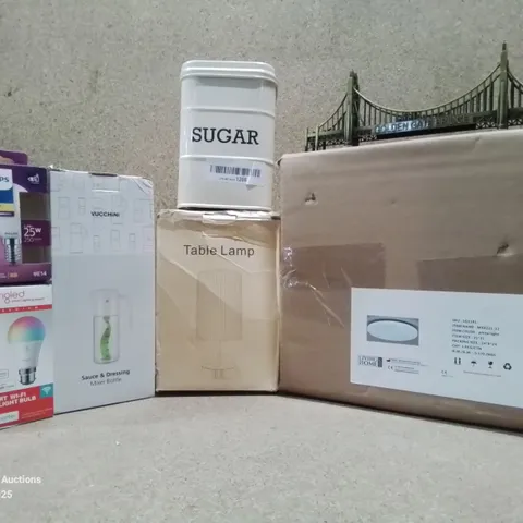 BOX TO CONTAIN ASSORTED HOUSEHOLD GOODS AND PRODUCTS TO INCLUDE; VACCINE SAUCE & DRESSING MIXER BOTTLE, LED TABLE LAMP, PHILIPS WARM WHITE LED BULB