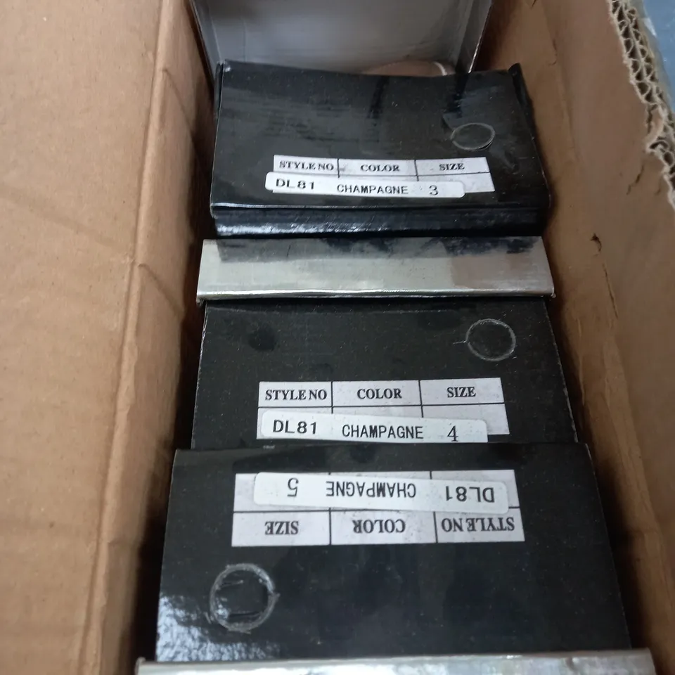 BOX OF APPROXIMATELY 10 PAIRS OF CHAMPAGNE LOW HEELED SHOES 