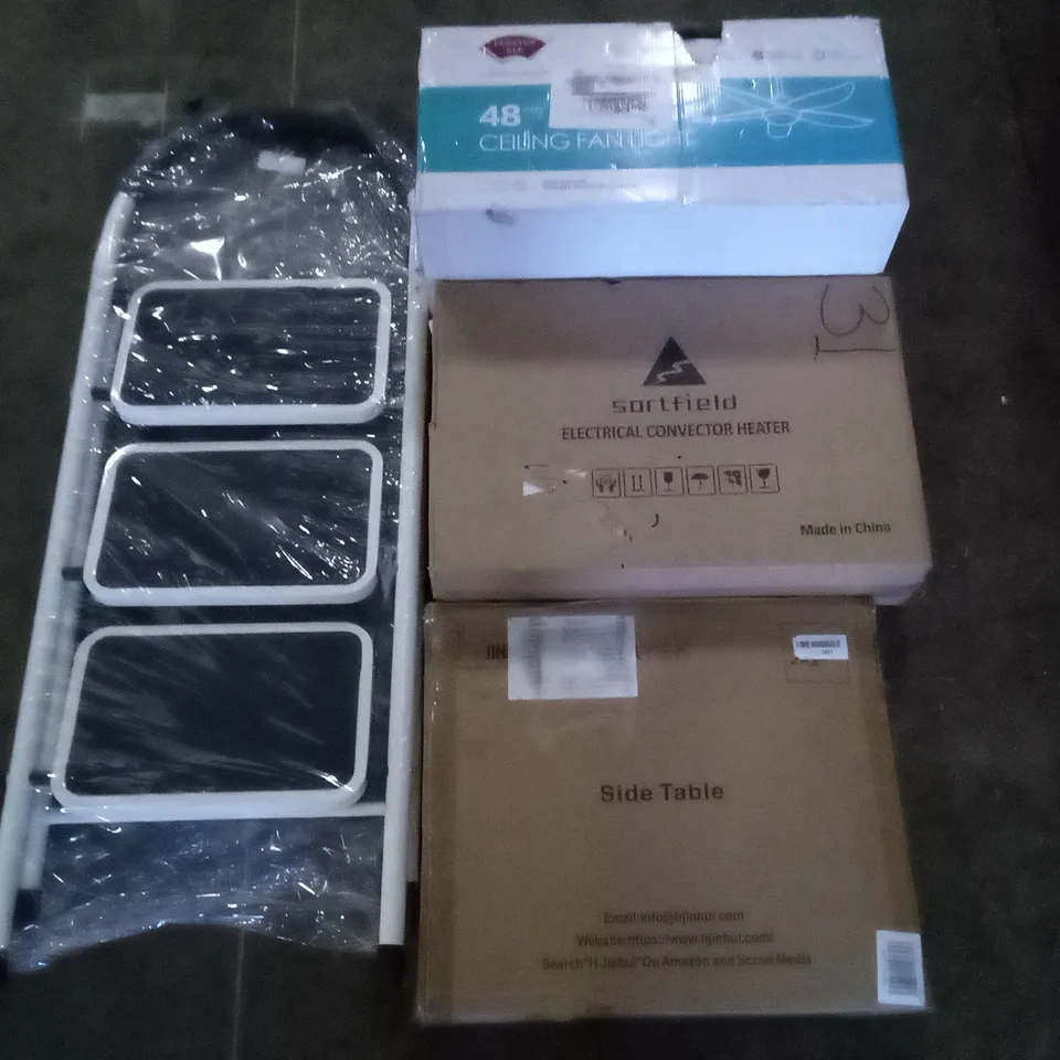 PALLET OF ASSORTED ITEMS INCLUDING ELECTRICAL CONVECTOR HEATER, SIDE TABLE, 48 CEILING FAN LIGHT,  3 STEP LADDER