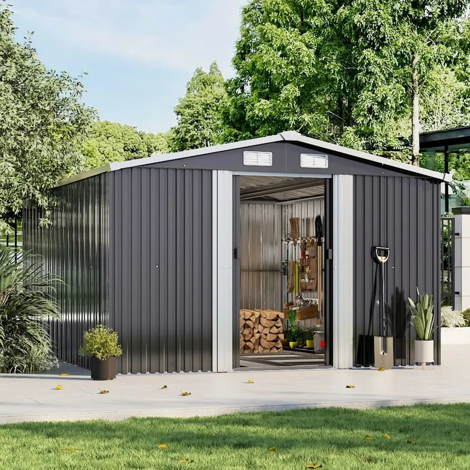 BOXED CHARCOAL BLACK GARDEN STORAGE 10FT W + 12FT D METAL TOOL SHED (4 BOXES)