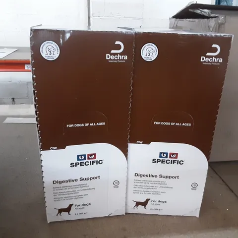 2 TOTES OF PET SUPPLIES INCLUDING DECHRA SPECIFIC CIW DIGESTIVE SUPPORT FOR DOGS, CANINE PRIME, SCRUMBLES ADULT & SENIOR CHICKEN CAT FOOD, BILLY + MARGOT CANS MULTIPACK DOG FOOD, BONIE DOG BISCUITS