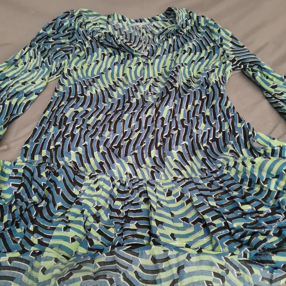 OLIVER BONAS BLUE GREEN SHIFTED GEO MINI DRESS - SIZE 12