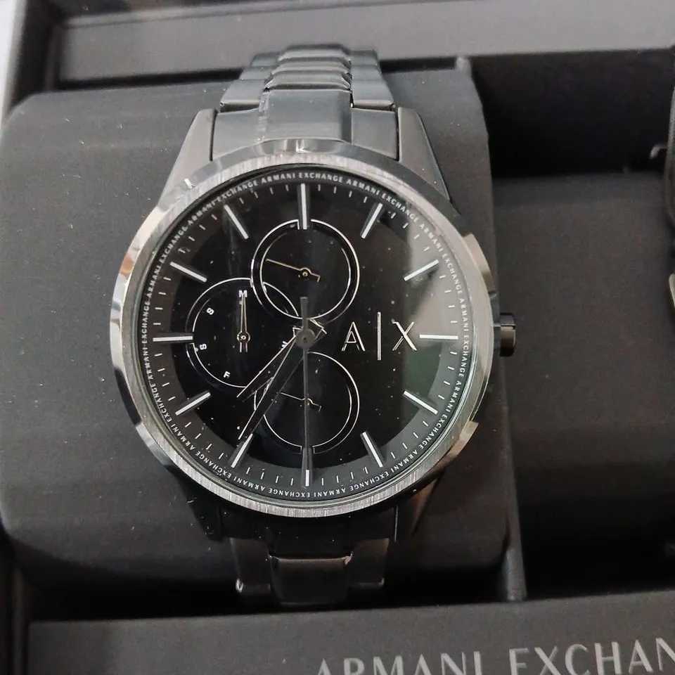 BOXED ARMANI EXCHANGE BLACK STAINLESS STEEL WATCH WITH BRACELET