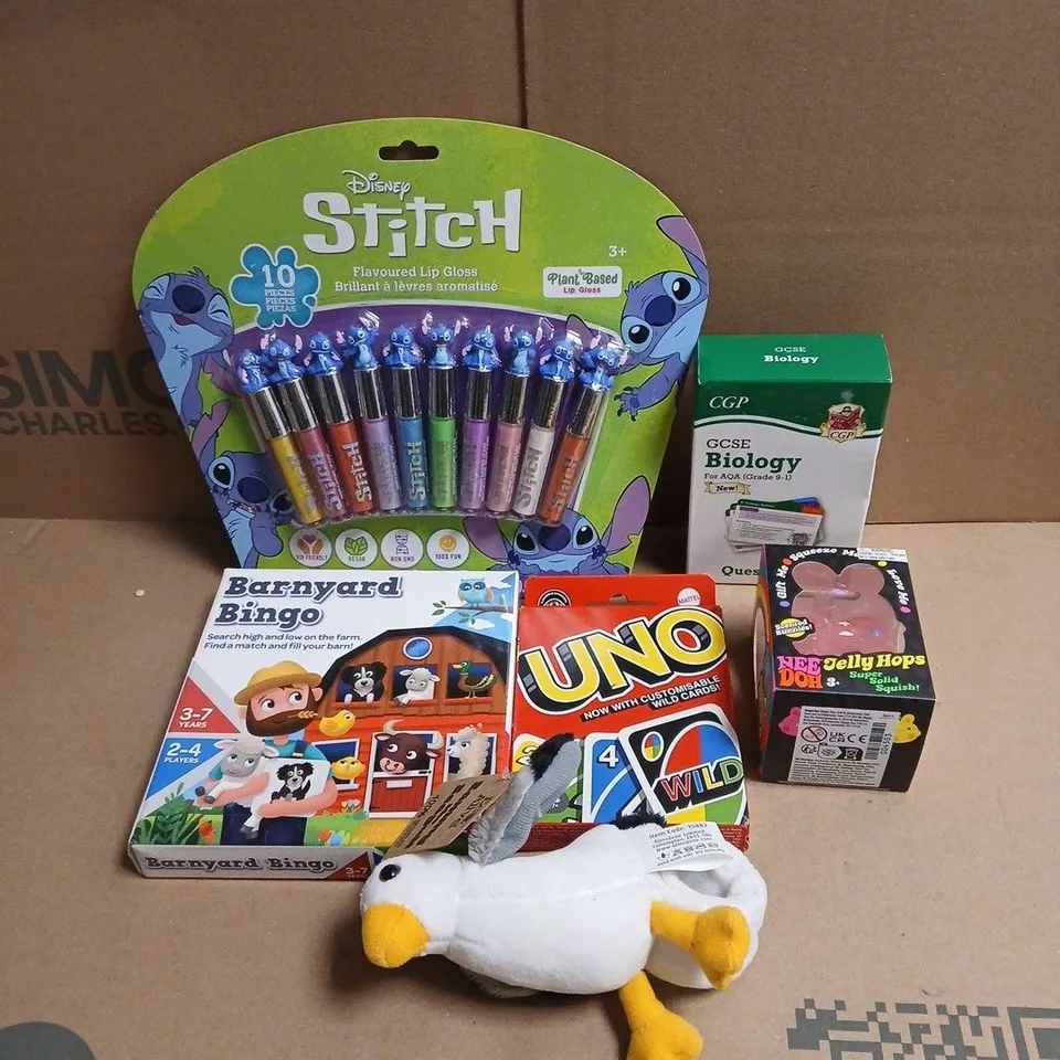 TOTE OF APPROXIMATELY 20 ASSORTED TOYS/RELATED ITEMS TO INCLUDE DISNEY STITCH 10 PIECE LIP GLOSS SET, GCSE BIOLOGY QUESTION CARDS, BARNYARD BINGO, UNO CARDS, SOFT TOY ETC