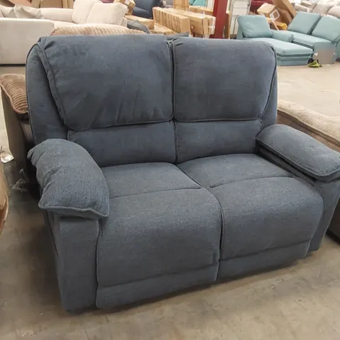 DESIGNER 2 SEATER BLUE FABRIC UPHOLSTERED MANUAL RECLINING SOFA