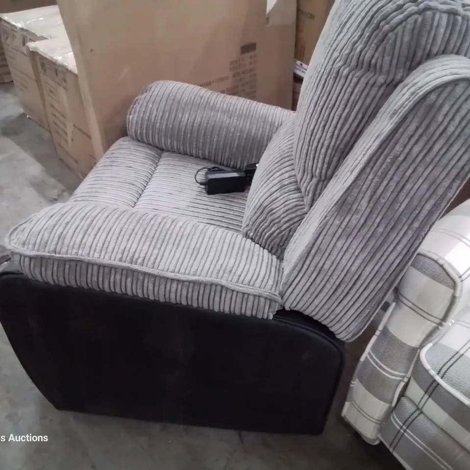 DESIGNER POWER RECLINING EASY CHAIR GREY CHORD/BLACK LEATHER 