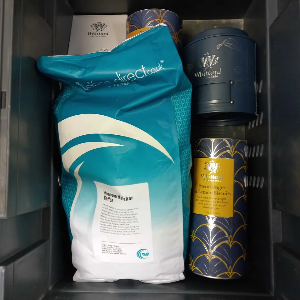 BOX OF APPROXIMATELY 10 ASSORTED FOOD PRODUCTS TO INCLUDE COFFEE DIRECT GOLDEN CREMA, WHITTARD LEMON & GINGER TEA, TEA STORAGE CONTAINERS ETC 