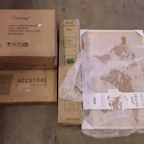 PALLET OF ASSORTED PRODUCTS INCLUDING WHITE CHRISTMAS TREE, SIDE TABLE, ACCSTORE NON WOVEN FABRIC WARDROBE, FRAMED TRAVEL MAP, BASKETBALL NET