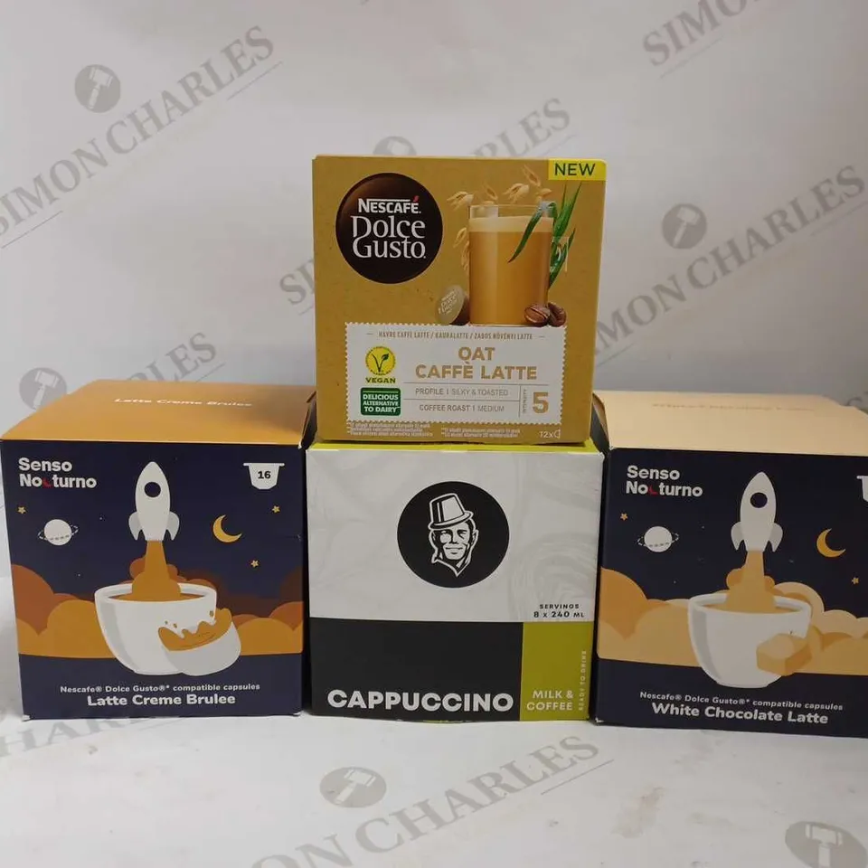 BOX OF APPROX 7 ITEMS TO INCLUDE SENSO NO TURNO COFFEE PODS, NESCAFE DOLCE GUSTO LATTE PODS, DOLCE VITA COFFEE PODS