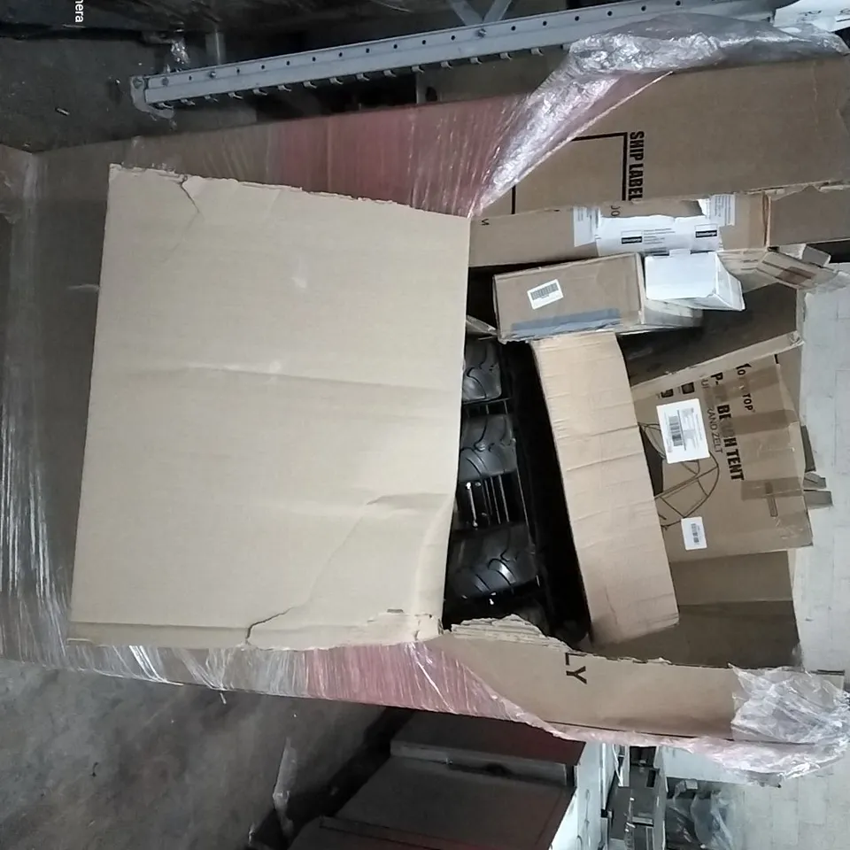 PALLET OF ASSORTED HOUSEHOLD ITEMS TO INCLUDE POP UP GEACH TENT, CHILLI WINDIS KIT, OFFICE CHAIR AND UV GARDEN PARASOL